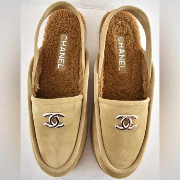 Chanel Dark Beige Suede Shearling CC Moccasin Ballet Slingback Loafer Flat 41 - Picture 11 of 16